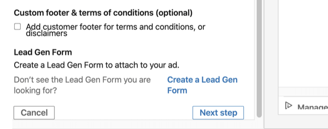 Opção de formulário de geração de leads na seção de informações básicas da configuração de anúncios de conversa do LinkedIn