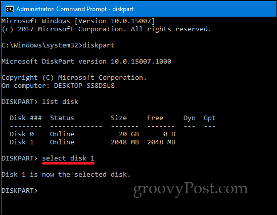 Linha de comando do DiskPart Windows 10