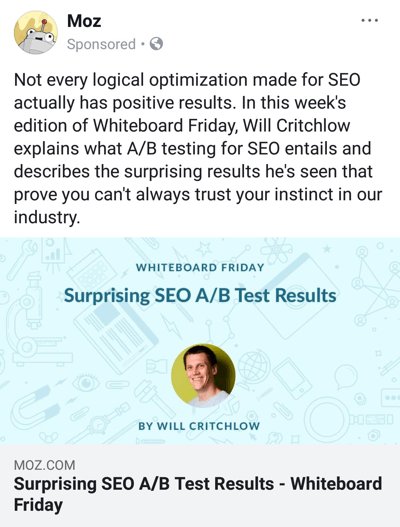 Técnicas de anúncios do Facebook que fornecem resultados, por exemplo, da Moz oferecendo conteúdo de pesquisa de marca