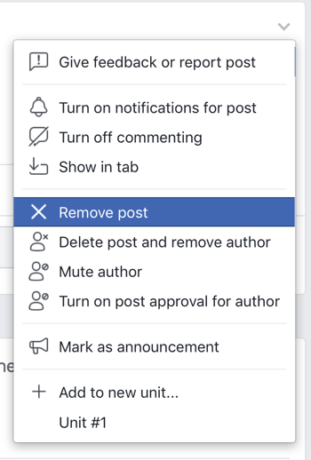 Como melhorar sua comunidade de grupo no Facebook, opção de menu do Facebook para remover uma postagem de seu grupo
