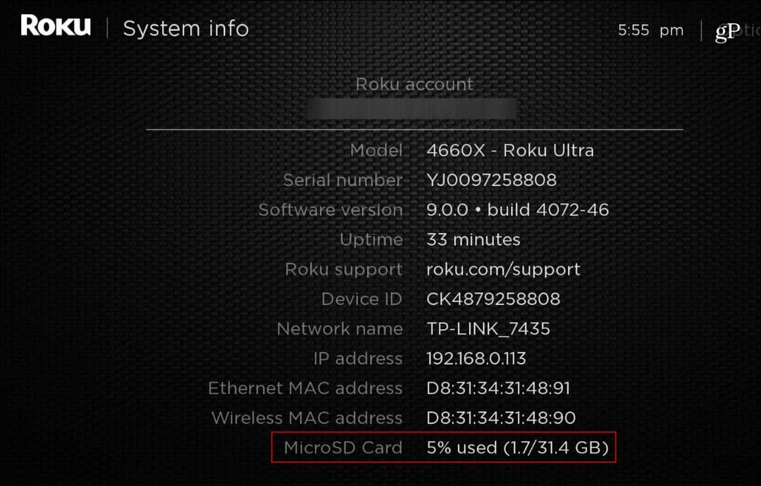 Informações do sistema Roku_Ultra Cartão MicroSD