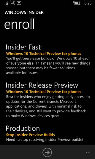 Visualização da versão do Windows 10 Mobile Insider