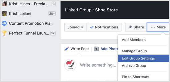 Configurações de edição de grupo do Facebook