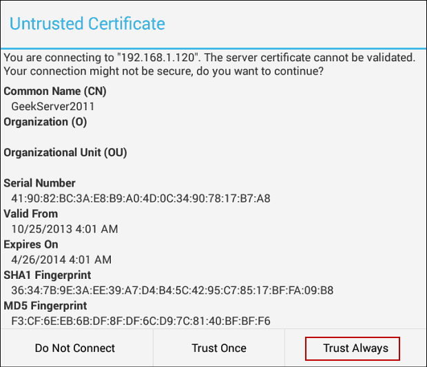 certificado não confiável