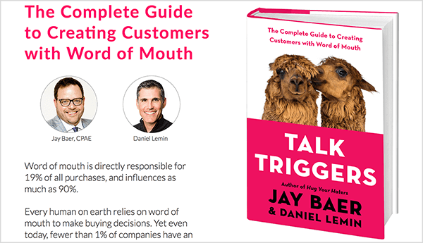 Esta é uma captura de tela do site Talk Triggers. À esquerda está o texto sobre o livro e as fotos de Jay Baer e Daniel Lemin. À direita está a capa do livro para Talk Triggers.