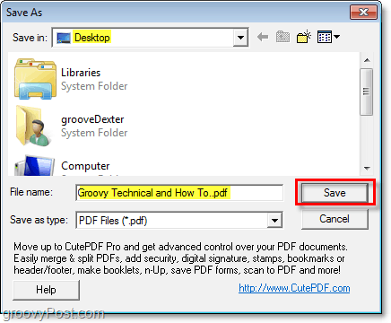 escolha um local para salvar o arquivo PDF para o seu PDF recém-criado via cutePDF no Windows