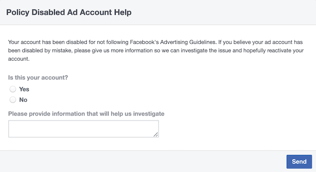 etapa 1 de como preencher o formulário de conta de anúncio desativada pela política do Facebook