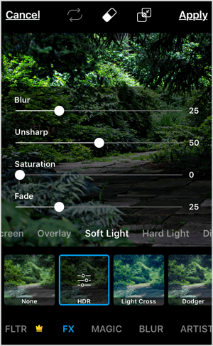 Ajuste a intensidade de um efeito em aplicativos móveis como PicsArt.
