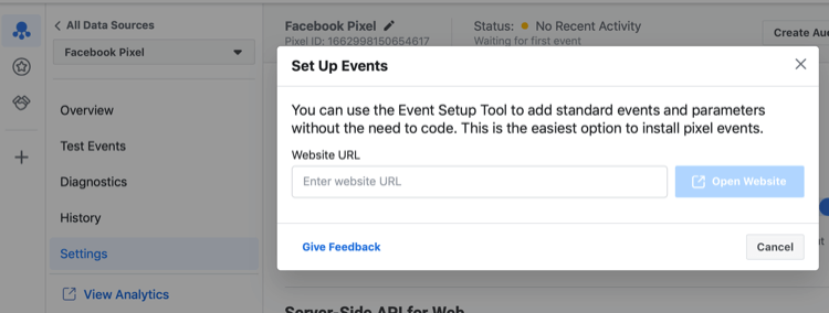 Ferramenta de configuração de eventos do Facebook