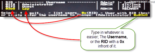 Selecione!, Sair. - liste usuários, 0x <RID> - Usuário com RID (hex) ou simplesmente digite o nome de usuário para alterar: [Administrador]