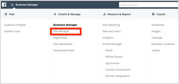 Selecione Ads Manager no menu do Facebook Business Manager.