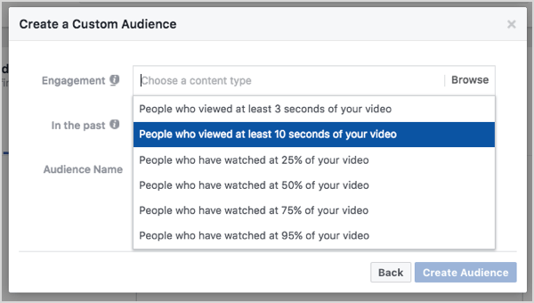 Público personalizado do Facebook com base em visualizações de vídeo de 10 segundos.