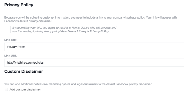 ferramentas de publicação do Facebook, formulários principais