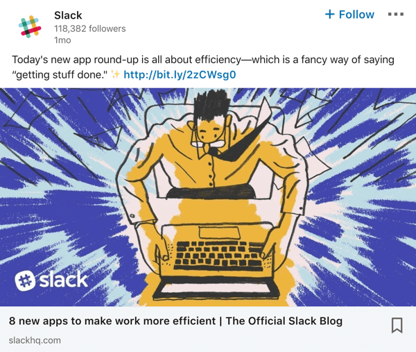 Exemplo de postagem na página da empresa do Slack no LinkedIn.