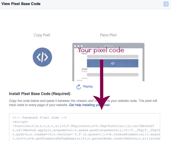 Copie seu código de pixel do Facebook diretamente desta página.