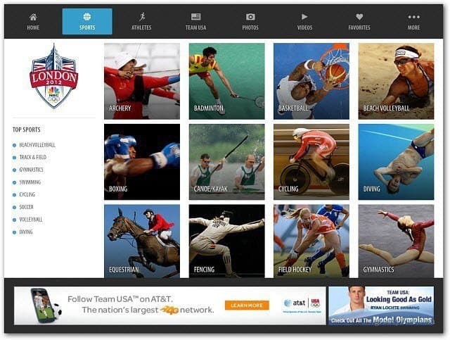 Aplicativo da NBC Olympics para iPad
