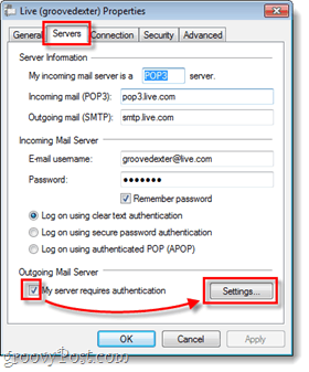 servidores de correio do Windows Live e configurações para correio de saída