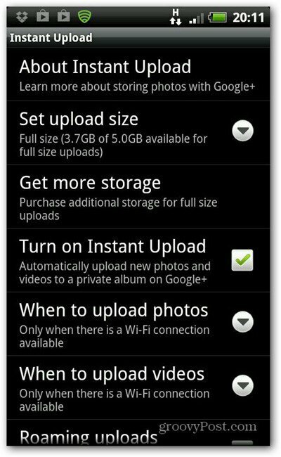 Menu de configurações do Google Plus Instant Upload