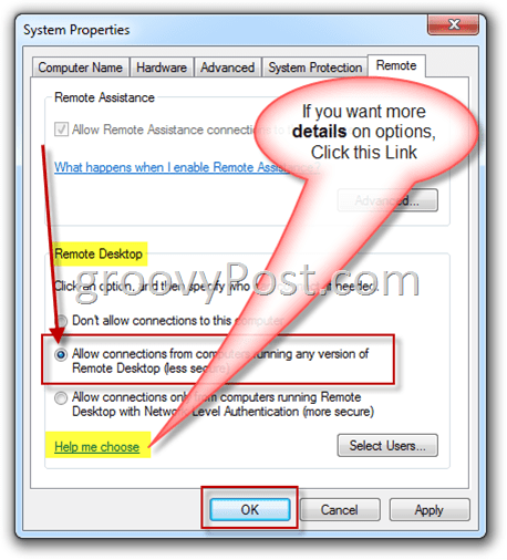 Windows 7 - Configurações remotas Ativar botão de opção RDP