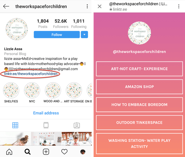 Como adicionar ou compartilhar um link para o Instagram, exemplo 3.