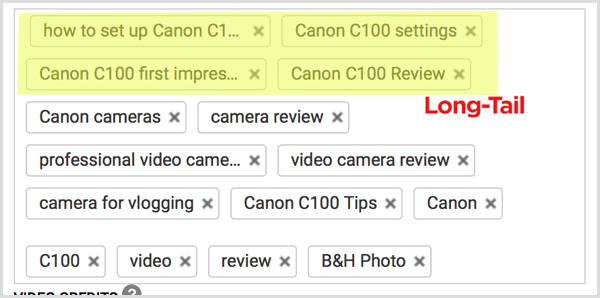 Palavras-chave de cauda longa das tags de vídeo do YouTube
