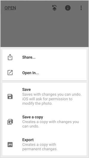 Compartilhe, salve ou exporte sua imagem em aplicativos móveis como o Snapseed.