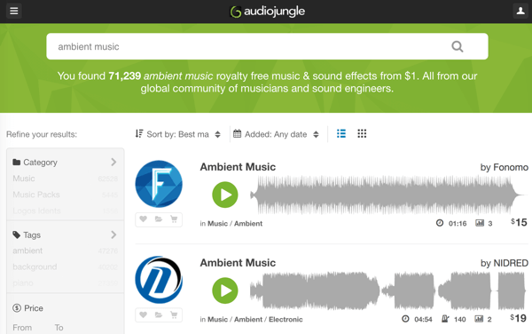 Pesquise na robusta biblioteca da AudioJungle de músicas isentas de royalties e faixas de áudio a partir de $ 1.