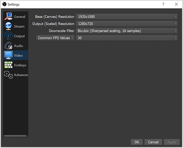 A caixa de diálogo Configurações do OBS Studio tem opções na guia Vídeo para definir sua resolução base e nossa resolução de saída. A caixa também tem opções para um filtro de escala inferior e FPS, ou quadros por segundo.