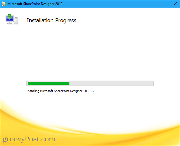Progresso da instalação para instalar o Microsoft Office Picture Manager na instalação do Sharepoint Designer 2010