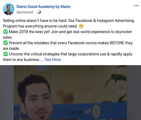 Como escrever e estruturar postagens patrocinadas pelo Facebook em formato de texto mais longo, problema tipo 1 e solução, exemplo da Damn Good Academy de Mario