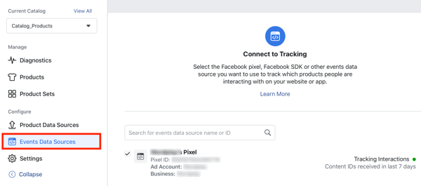 Use a ferramenta de configuração de eventos do Facebook, etapa 24, opção de menu para conectar o pixel do Facebook ao seu catálogo