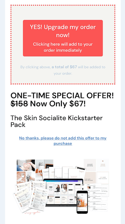 exemplo de uma oferta de upsell de venda no Instagram de $ 67 para seu pacote kickstarter
