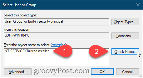 Digite o nome do usuário e clique em Verificar Nomes para uma Chave de Registro do Windows