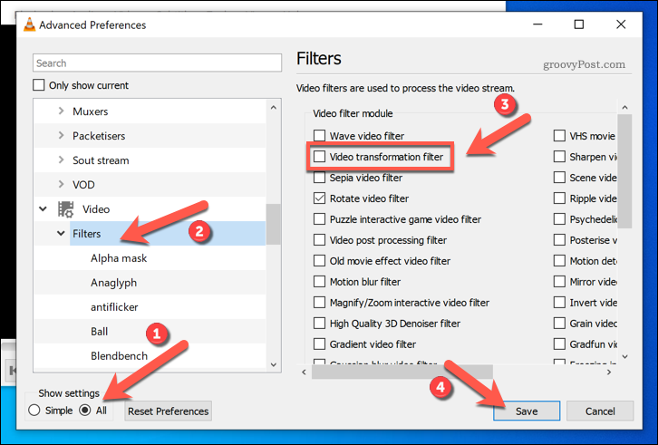 Habilitando filtros de transformação de vídeo no VLC no Windows