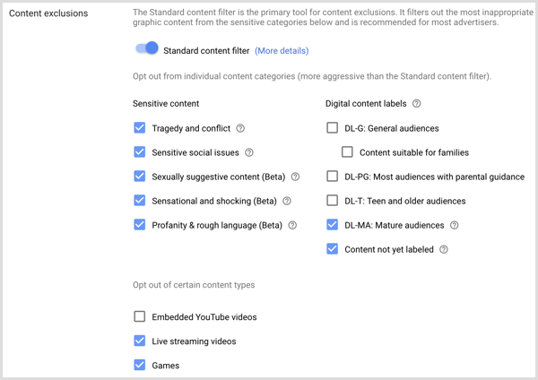 Configurações de exclusões de conteúdo para campanha do Google AdWords.