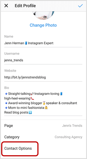Opções de contato na tela Editar perfil do Instagram