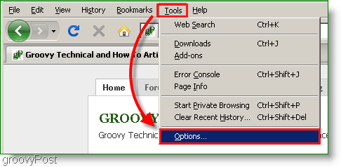 Captura de tela: Firefox Tools, Menu Opções