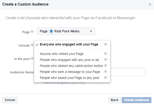 Crie públicos-alvo personalizados com base nas pessoas que interagiram com sua página do Facebook.
