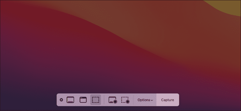 Barra de opções de captura de tela do Mac