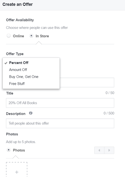 As configurações disponíveis ao criar uma oferta do Facebook.