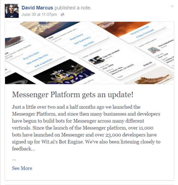 atualização do bot do Facebook Messenger