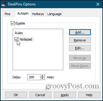Opções de inicialização automática no DeskPins