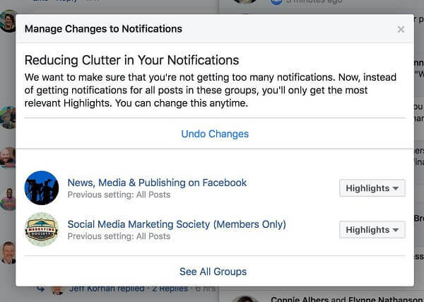 O Facebook está reduzindo ativamente a desordem, mostrando aos usuários menos notificações de certos grupos.