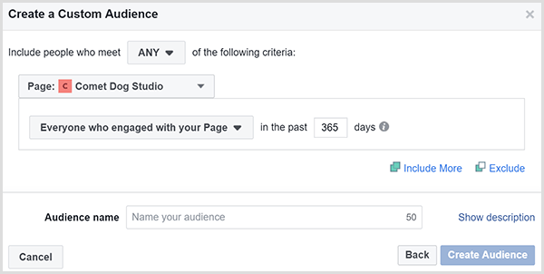 A caixa de diálogo Criar um público personalizado do Facebook permite que você segmente anúncios para pessoas que se engajaram com seu site dentro de um determinado período.