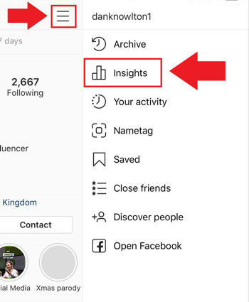 Estratégia de marketing de mídia social; Captura de tela de onde acessar o Instagram Insights no aplicativo Instagram.