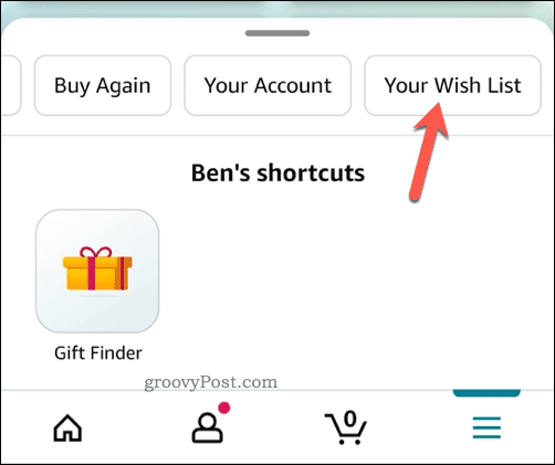 Abrindo o menu da lista de desejos no aplicativo Amazon