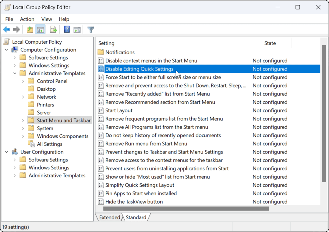 Impedir edições de configurações rápidas no Windows 11