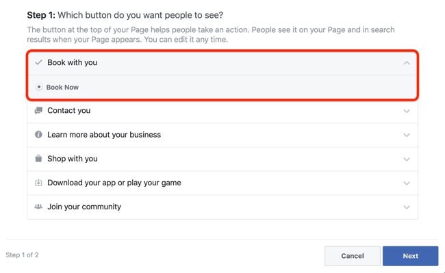 passo 1 de como adicionar CTA de compromissos à página do Facebook