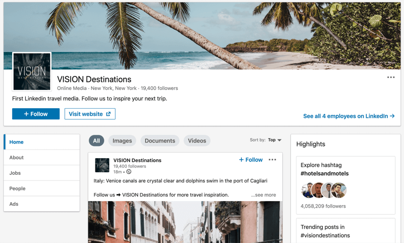 Página da empresa no LinkedIn para destinos VISION