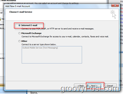 Criar nova conta de email no Outlook 2007:: Botão de opção Email na Internet